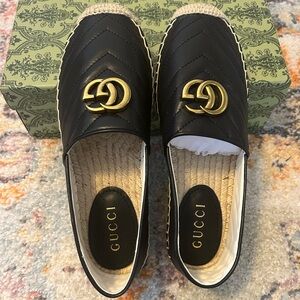 Gucci Black Espadrille Loafers with Gold Accent